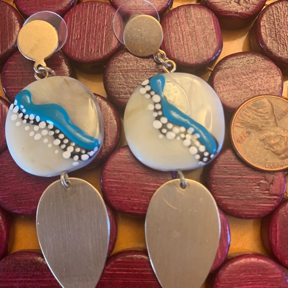 Hand painted mixed media long dangly earrings - Picture 2 of 3